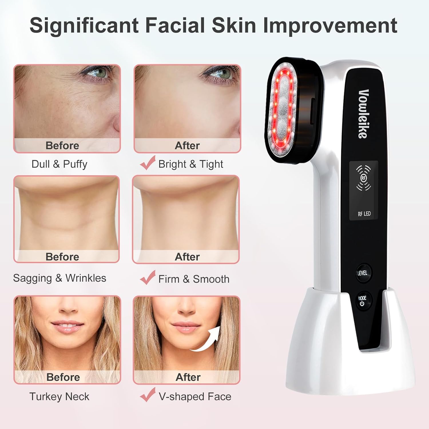 Dispositivo facial Microcurrente, Vowleike 10 beneficios clave para el cuidado de la piel masajeador facial con soporte, herramienta facial