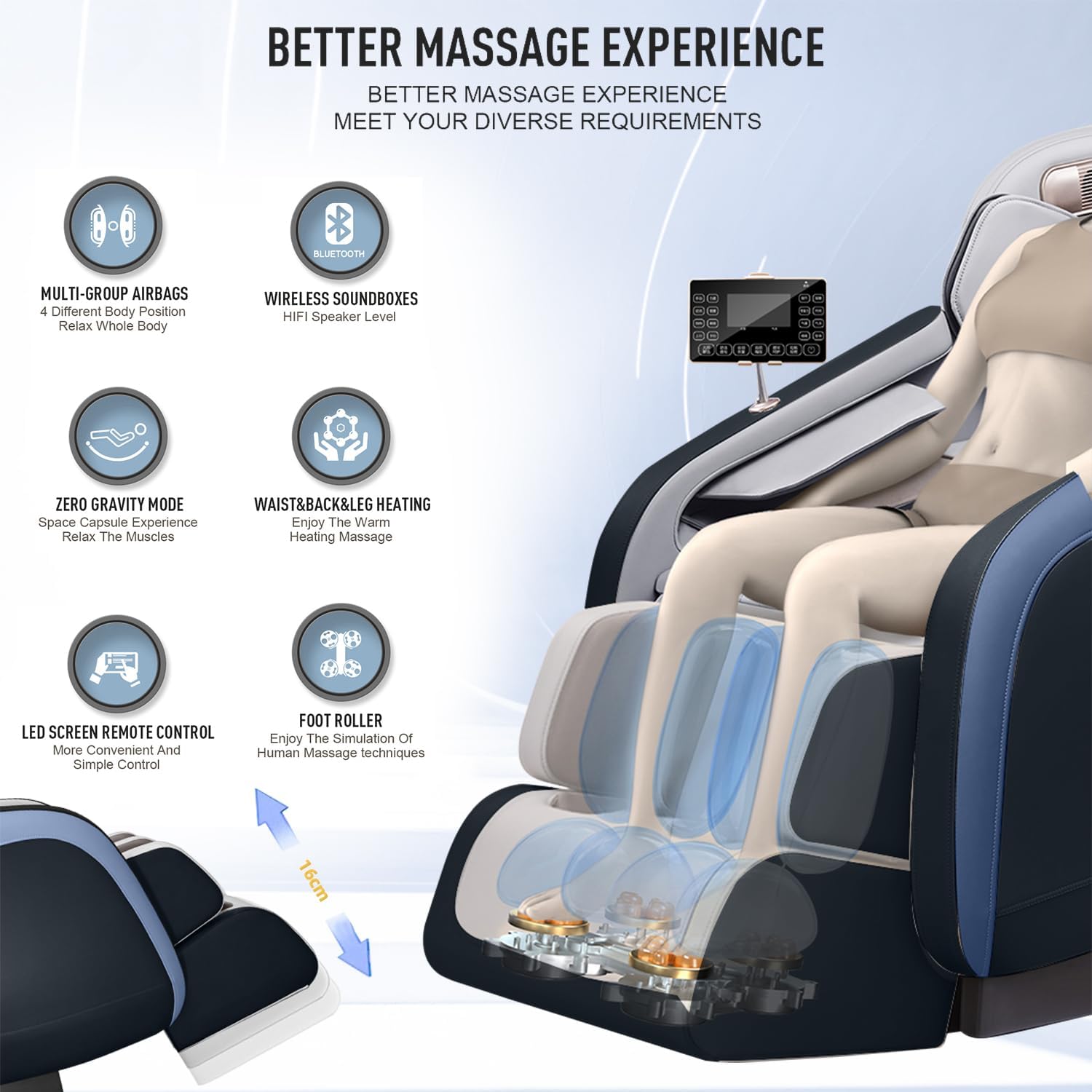 MMQ Silla de masaje de gravedad cero de cuerpo completo, reclinable Shiatsu eléctrico con calefacción trasera y rodillo de pie, altavoces Bluetooth