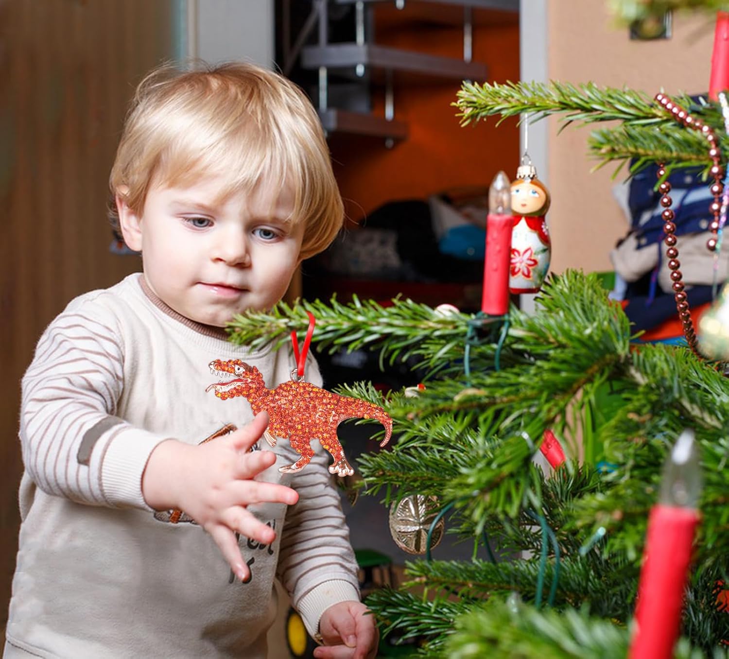 WaaHome Adornos de Navidad de dinosaurio de metal, adornos de recuerdo de dinosaurio naranja para decoraciones de árbol de Navidad, decoración de