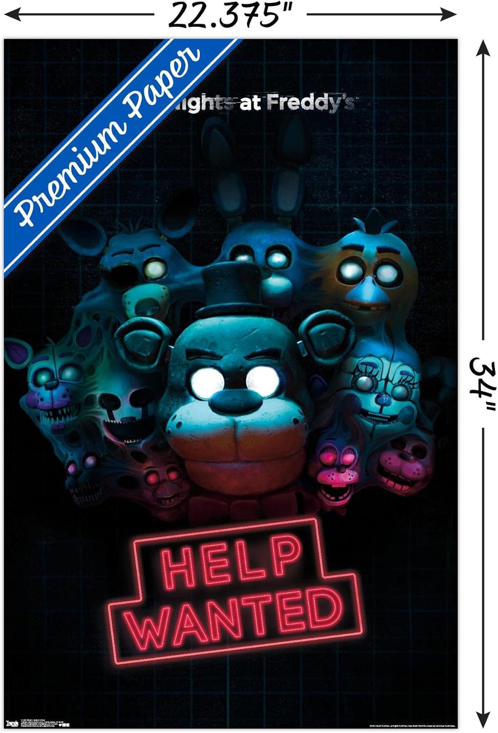 Trends International Five Nights at Freddy’s – Póster de pared con texto en inglés “Help Wanted”, 22.375 x 34 pulgadas, versión premium sin marco