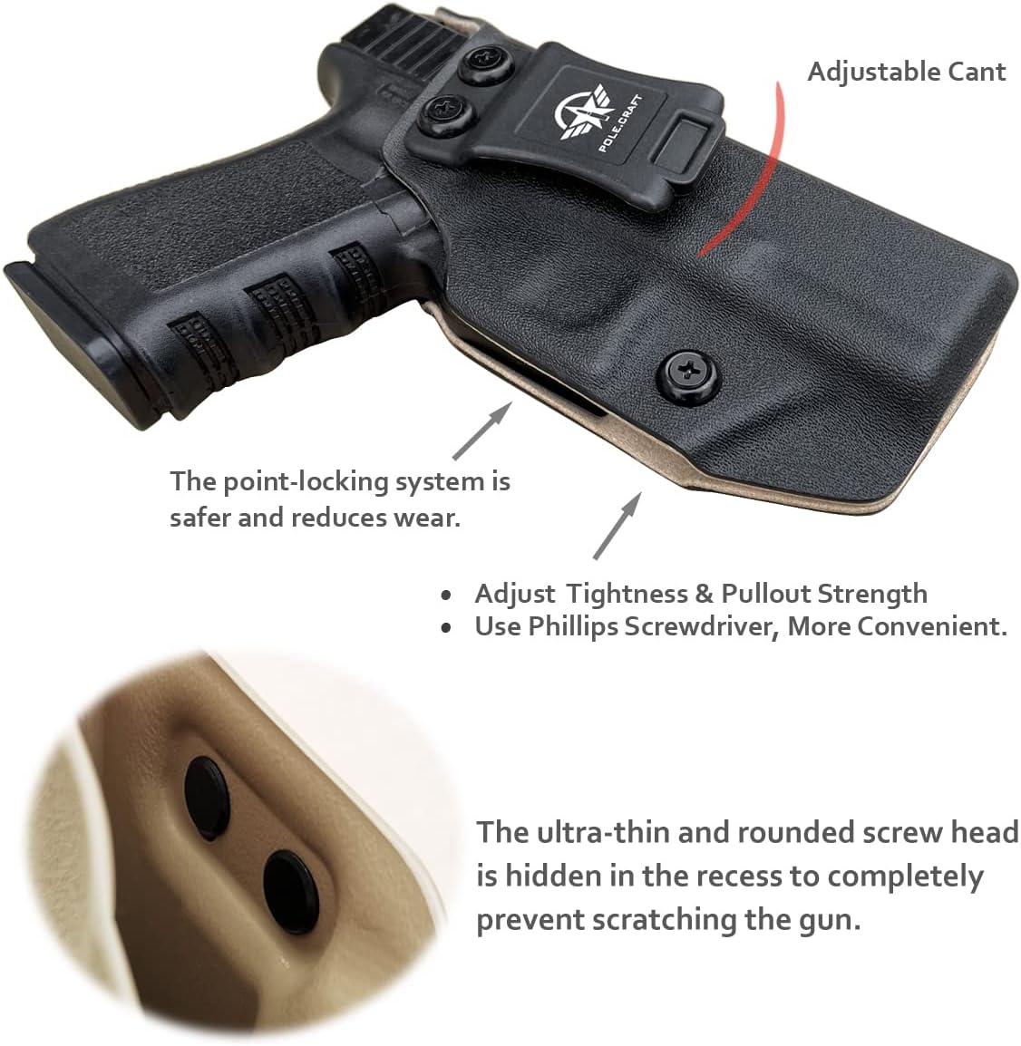 IWB Funda de cuero Kydex compatible con Glock 19 19X 25 44 45 (Gen 3 4 5)  Glock 23 32 (Gen 3 4) Pistola – Cintura interior oculta para G19 G19X G23