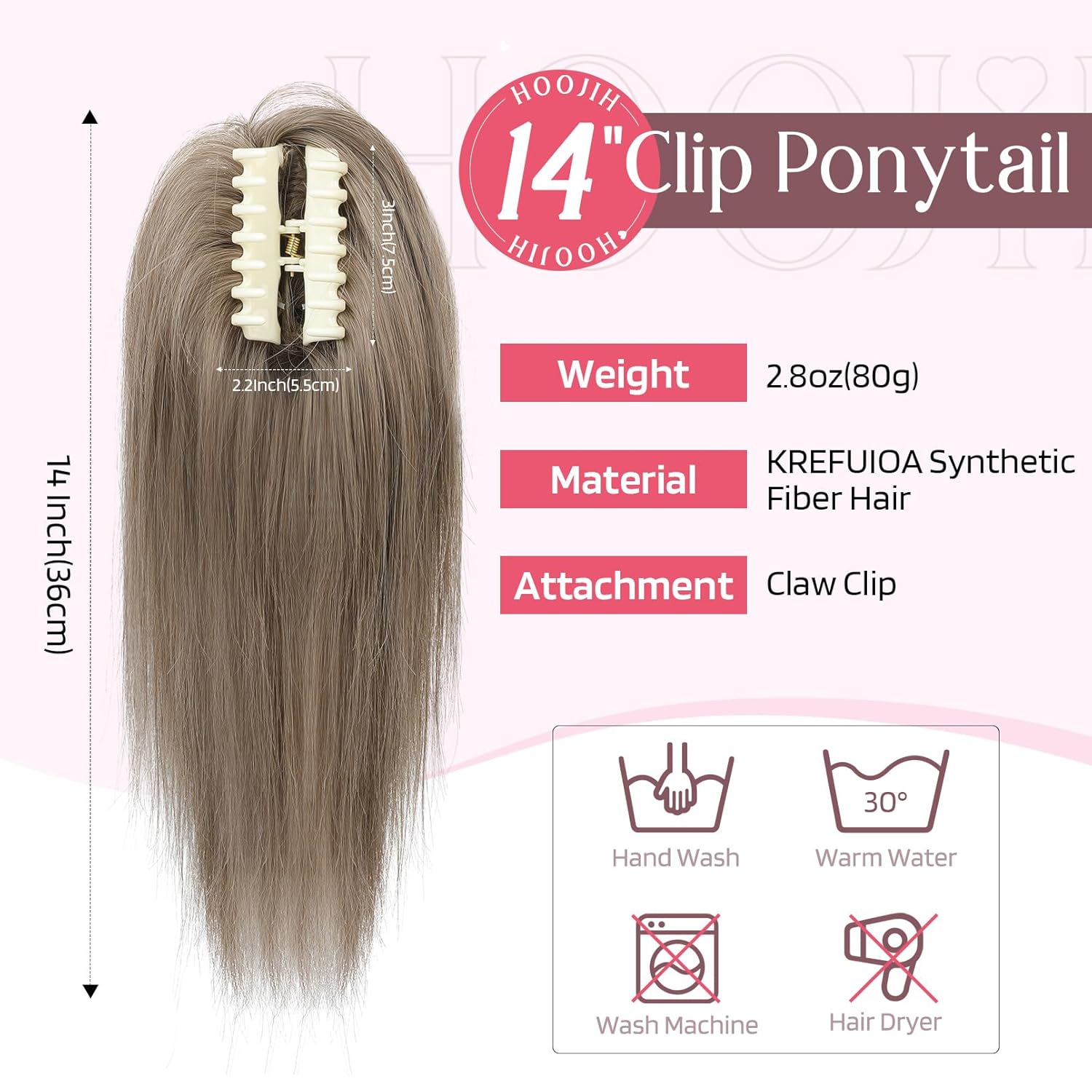 HOOJIH HE027 – Extensión de cola de caballo con clip, de 14 pulgadas, extensiones de cabello lacio con clip de garra, piezas de cabello corto para