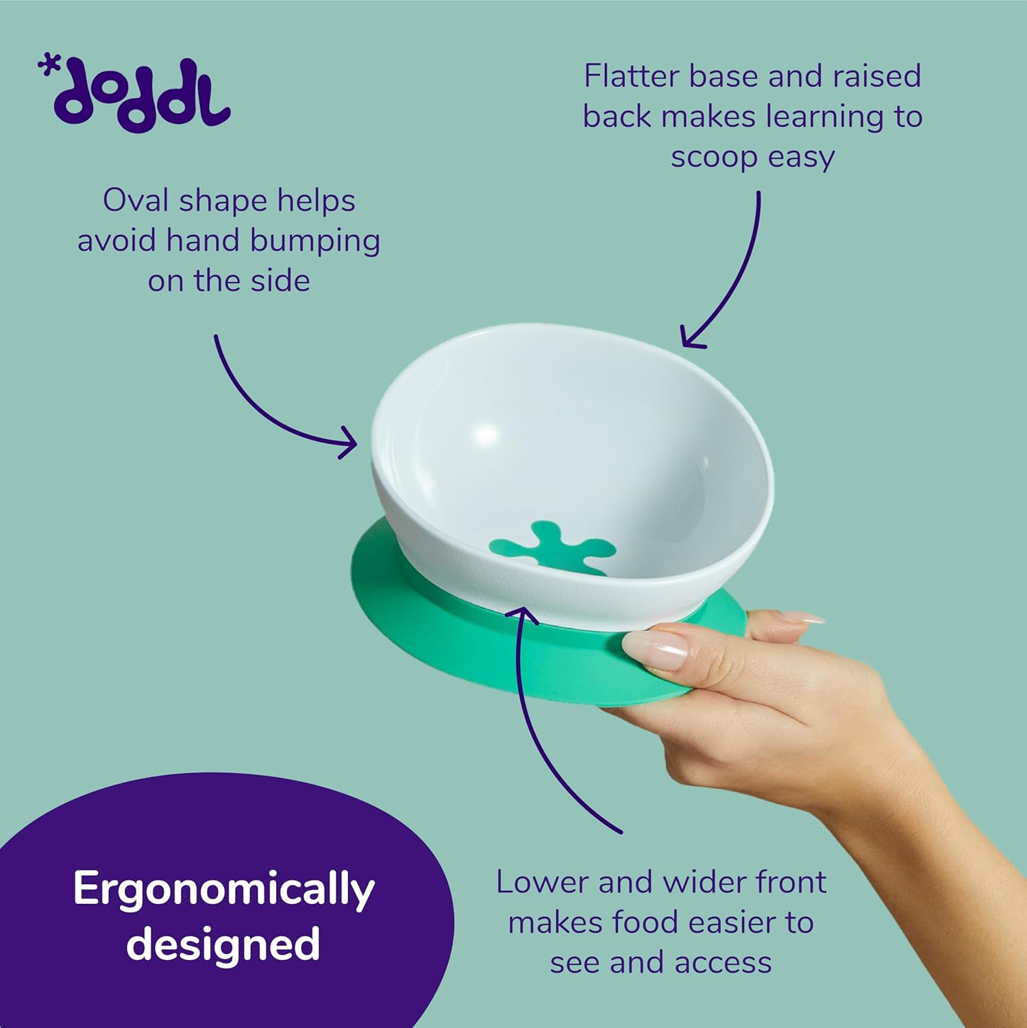 doddl Tazón de succión ergonómico para niños pequeños y bebés, platos ergonómicos para niños de 1 a 3 años, apto para lavavajillas, sin BPA (blanco