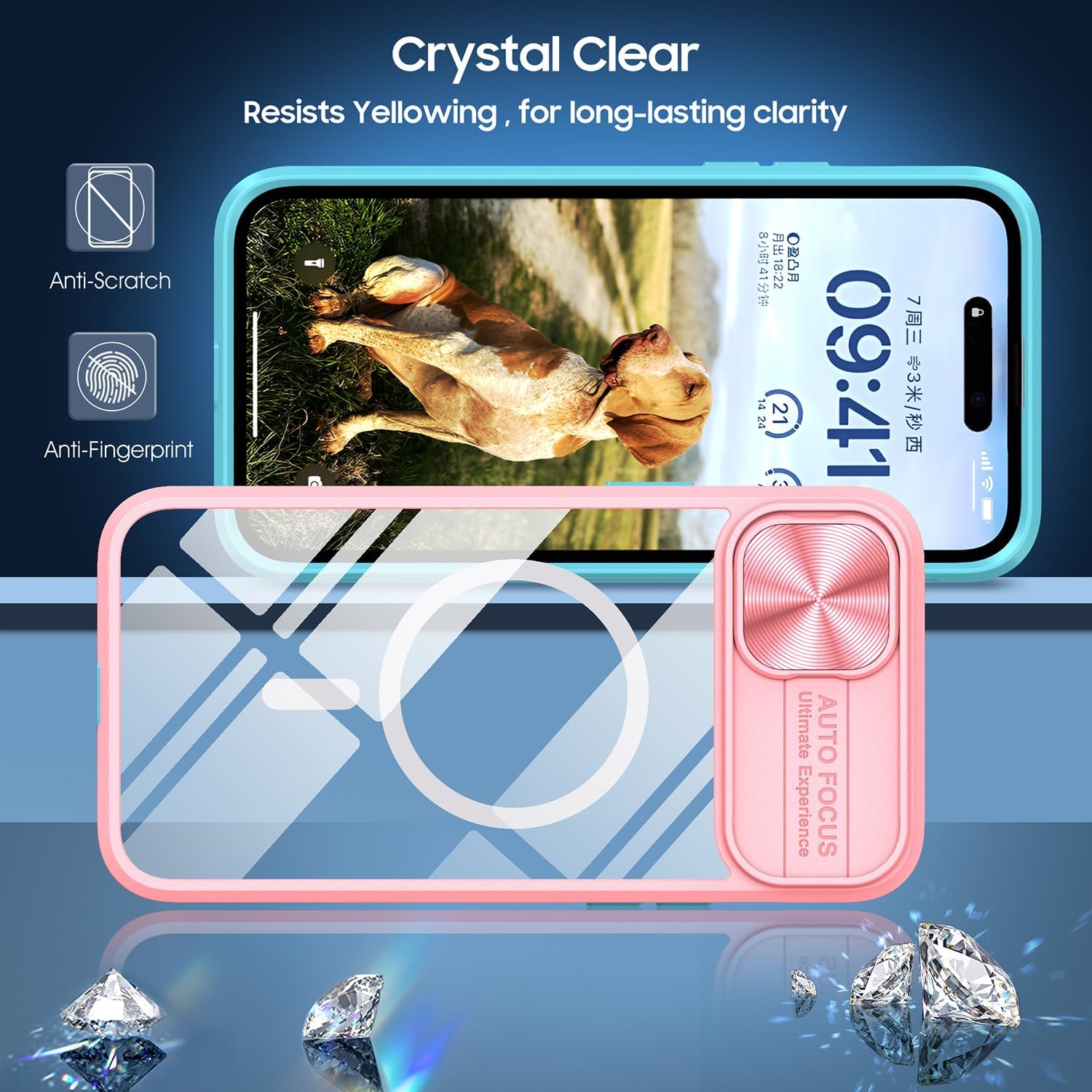 Funda transparente compatible con iPhone 15 MagSafe Funda deslizante para lente de cámara, imanes fuertes Anti amarilleo Parte trasera de acrílico
