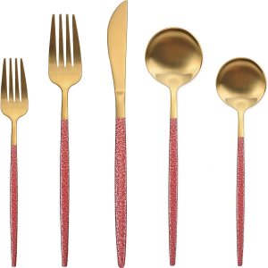 Juego de cubiertos dorados con mango rojo, juego de cubiertos de acero inoxidable para 4, juego de utensilios de cocina de 20 piezas, incluye Juego de cubiertos dorados con mango rojo, juego de cubiertos de acero inoxidable para 4, juego de utensilios de cocina de 20 piezas, incluye