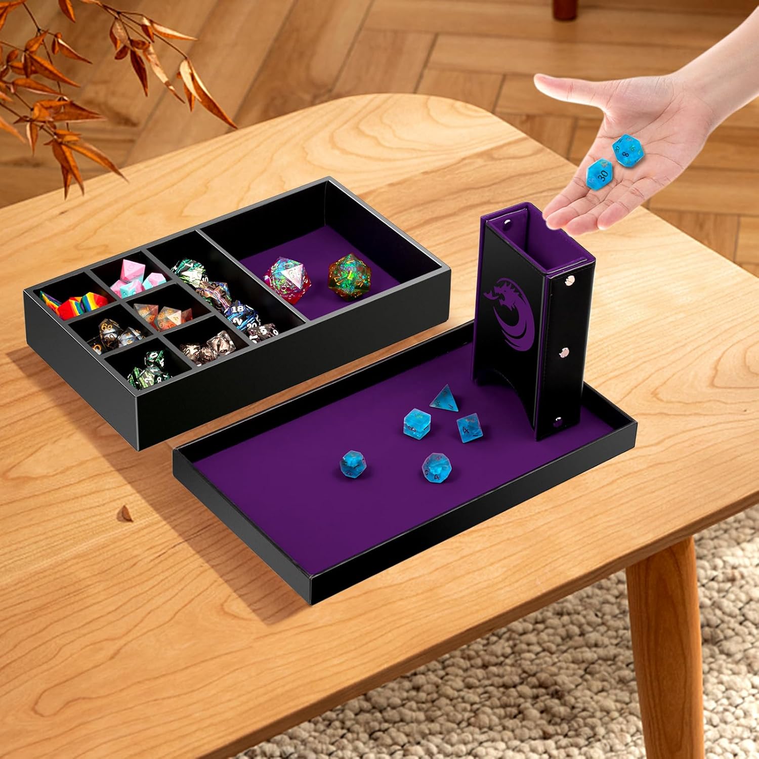DNDND Bandeja rodante de dados 3 en 1, torre de dados y almacenamiento de dados, almacenamiento rectangular portátil con tapa para juegos de mesa