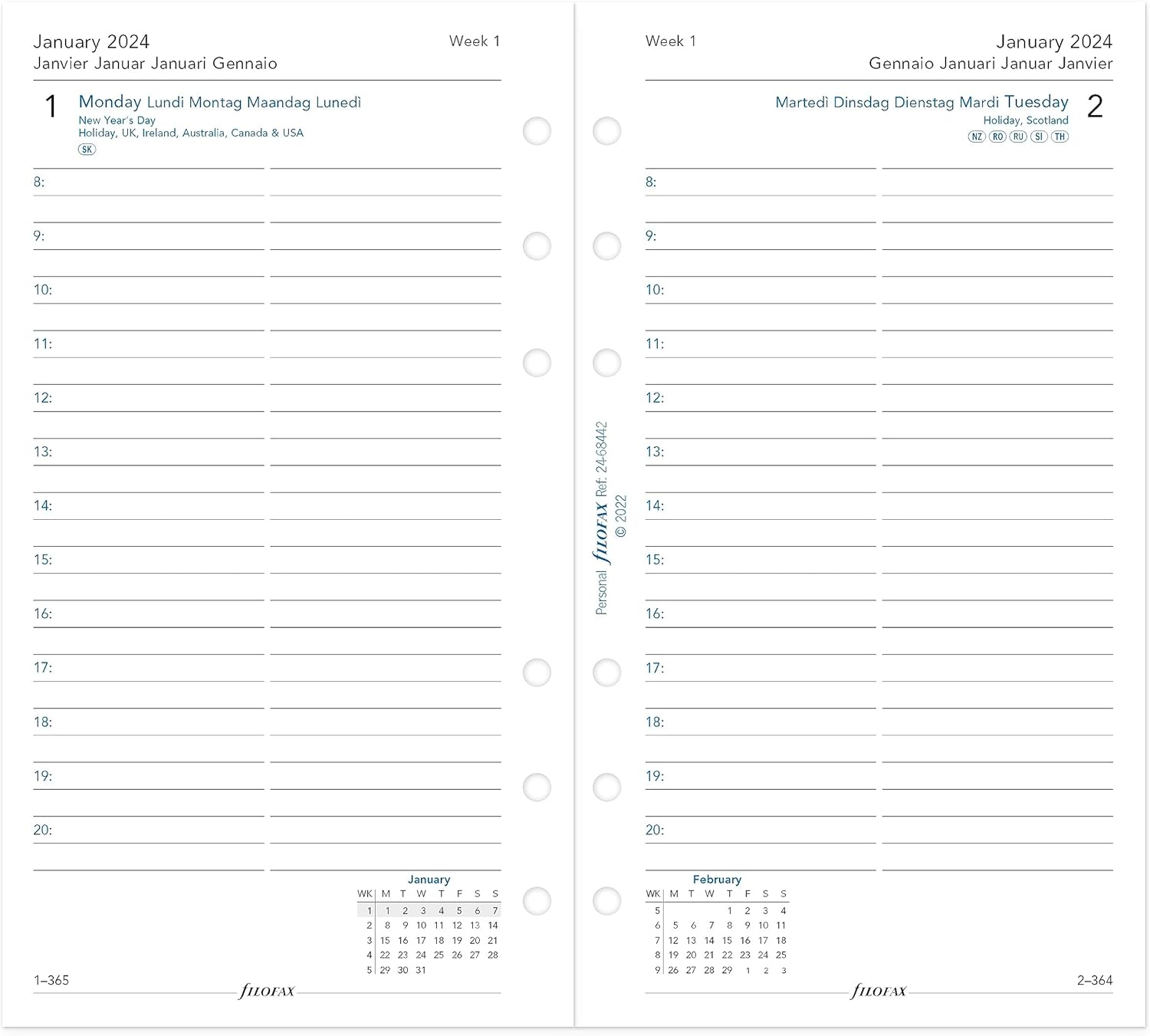 Filofax Calendario de recambio de diario, tamaño personalcompacto, día en una página con citas, a rayas, papel blanco, multilingüe cinco idiomas,