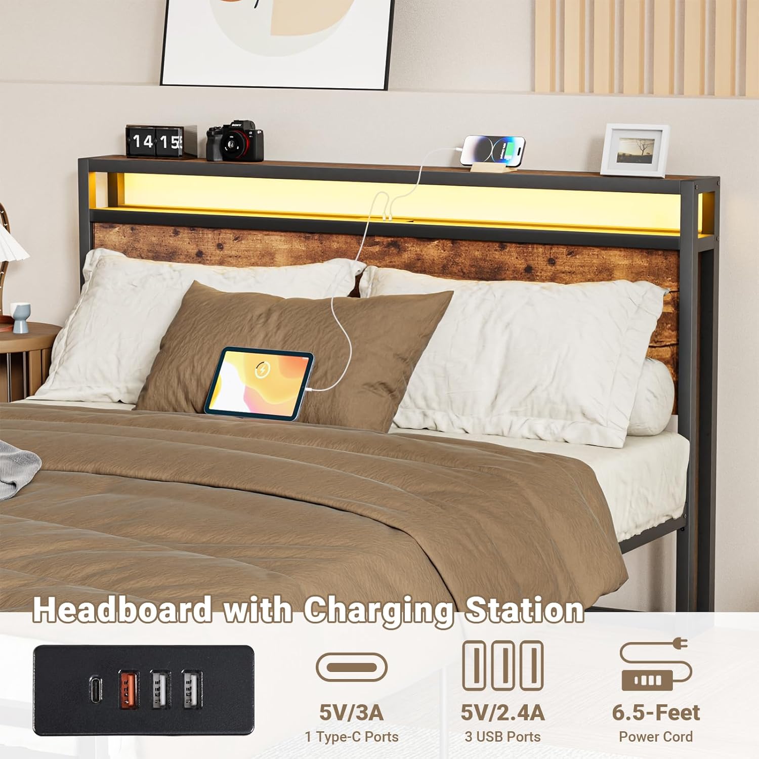 Zevemomo Base de cama LED Queen con 2 cajones, marco de cama de plataforma Queen con luces LED y estación de carga, 3 puertos USB y 1 puerto tipo C,