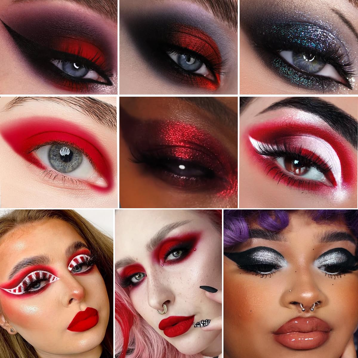 Afflano Paleta de sombras de ojos negra y roja, maquillaje de payaso gótico de Halloween, paleta de sombra de ojos blanca plateada con purpurina