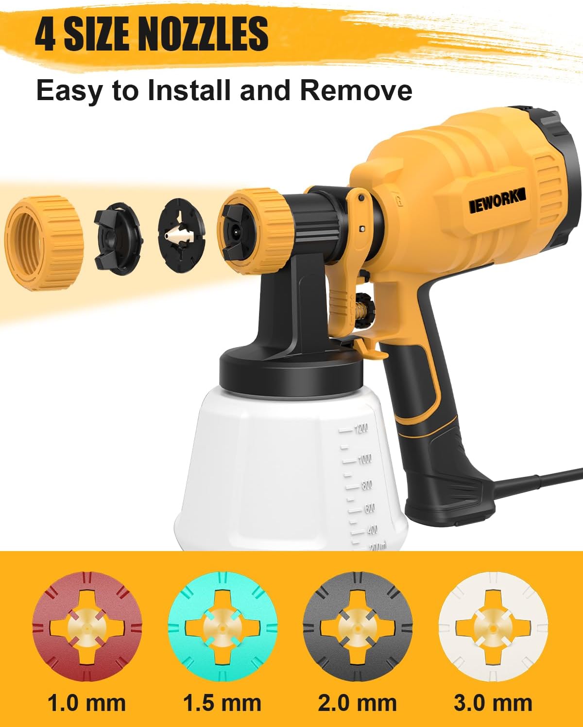 EWORK Pulverizador de pintura eléctrica de 700 W con juntas de limpieza y soplado, pulverizadores de pintura HVLP para interior y exterior del