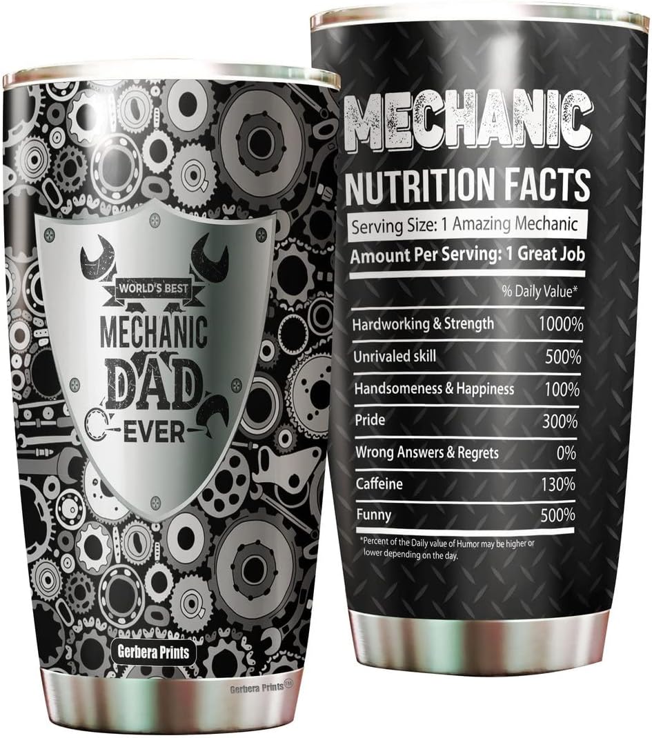Mechanic Dad – Vasos aislados de 20 onzas con tapas, información nutricional para papá, tamaño de la porción, taza de Navidad para papá