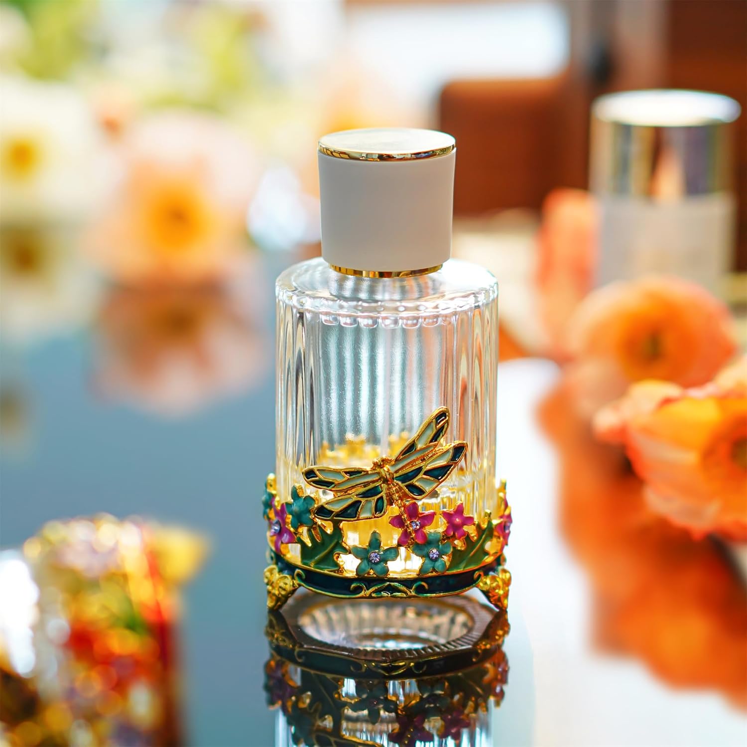 YU FENG Botella de perfume vacía de vidrio con libélula decorativa retro recargable portátil ligero recipiente de líquido de vidrio botella