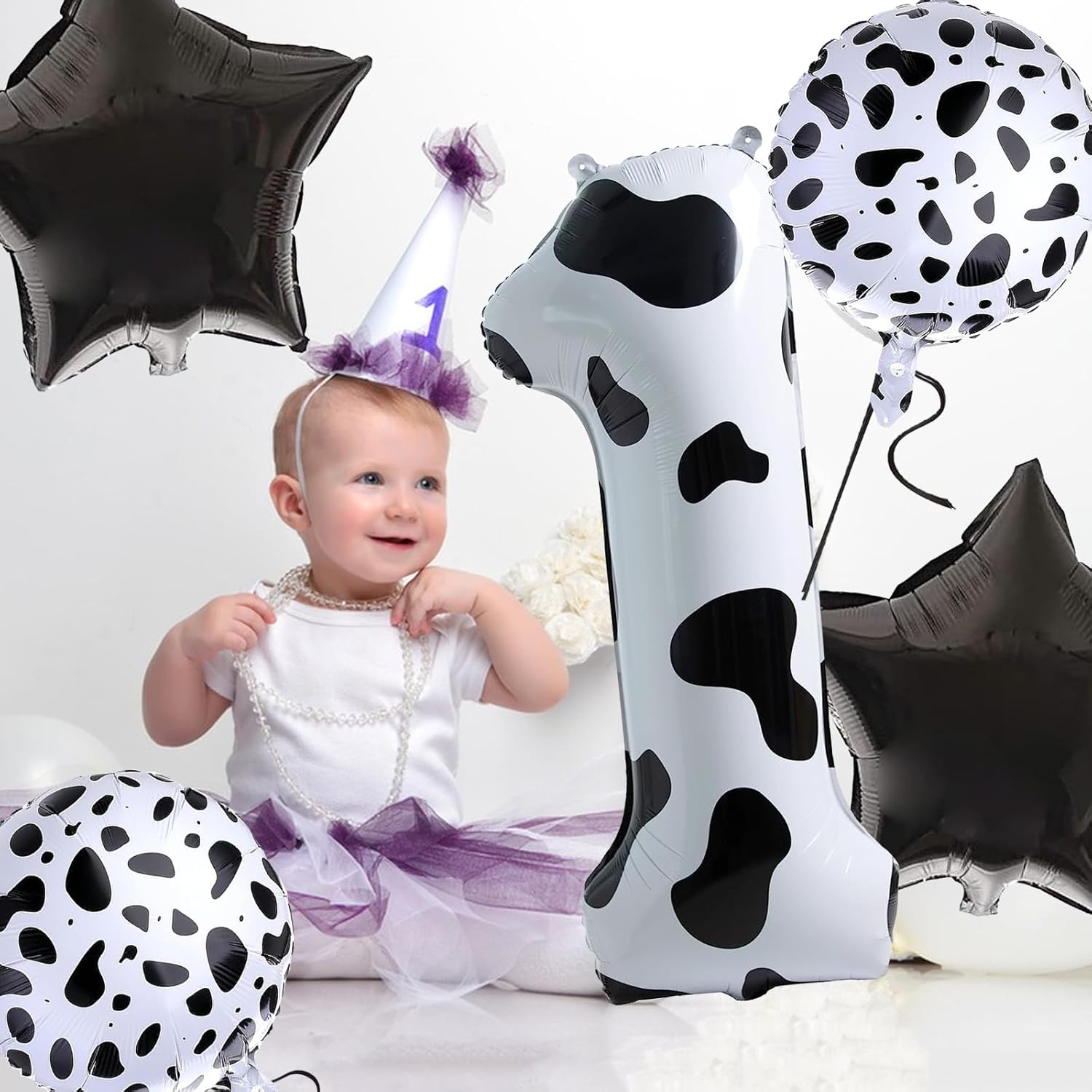 5 globos con estampado de vaca, globos de número de 40 pulgadas, 2 globos con estampado de vaca blanca, globos temáticos de vaquera occidental para
