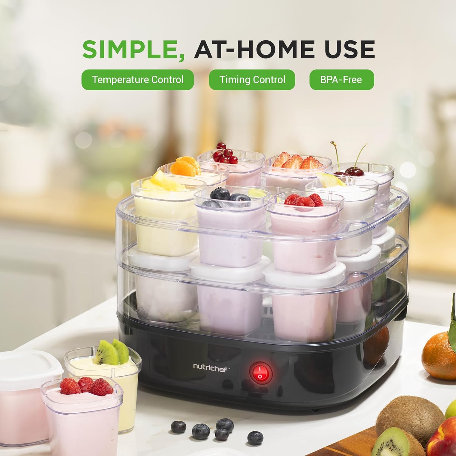Nutrichef Máquina automática de yogur de 17 tazas  Incluye 17 vasos reutilizables de 5 onzas con tapas y estante de yogur para almacenamiento