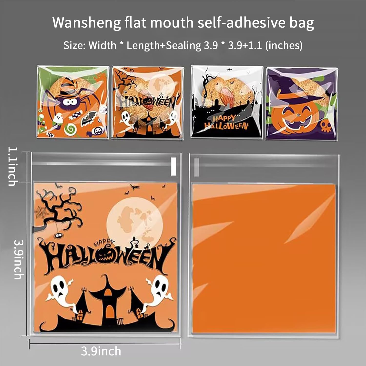 200 bolsas de celofán para dulces de Halloween, autoadhesivas, transparentes, bolsas de regalo para suministros de fiesta de Halloween (3.94 x 3.94