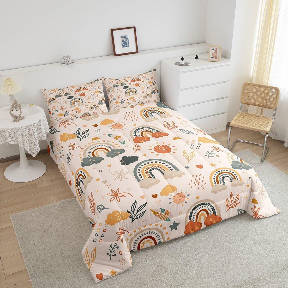 Juego de edredón bohemio con diseño de arco iris para niñas, estilo de mediados de siglo, bohemio, sol, hojas botánicas, floral, juego de ropa de