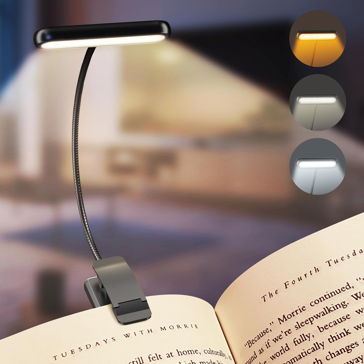Luz de libro, adaptador incluido Luces recargables para leer por la noche en la cama con 3 colores y 10 brillo regulable, cuello de cisne flexible