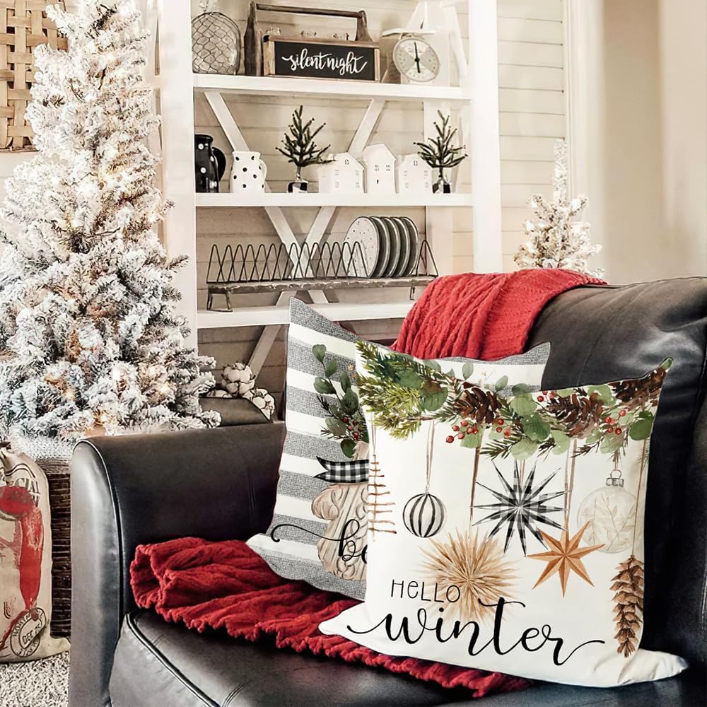 DFXSZ Juego de 4 fundas de almohada de Navidad de 18 x 18 pulgadas, guantes de árbol de Navidad, fundas decorativas de invierno a rayas, decoración