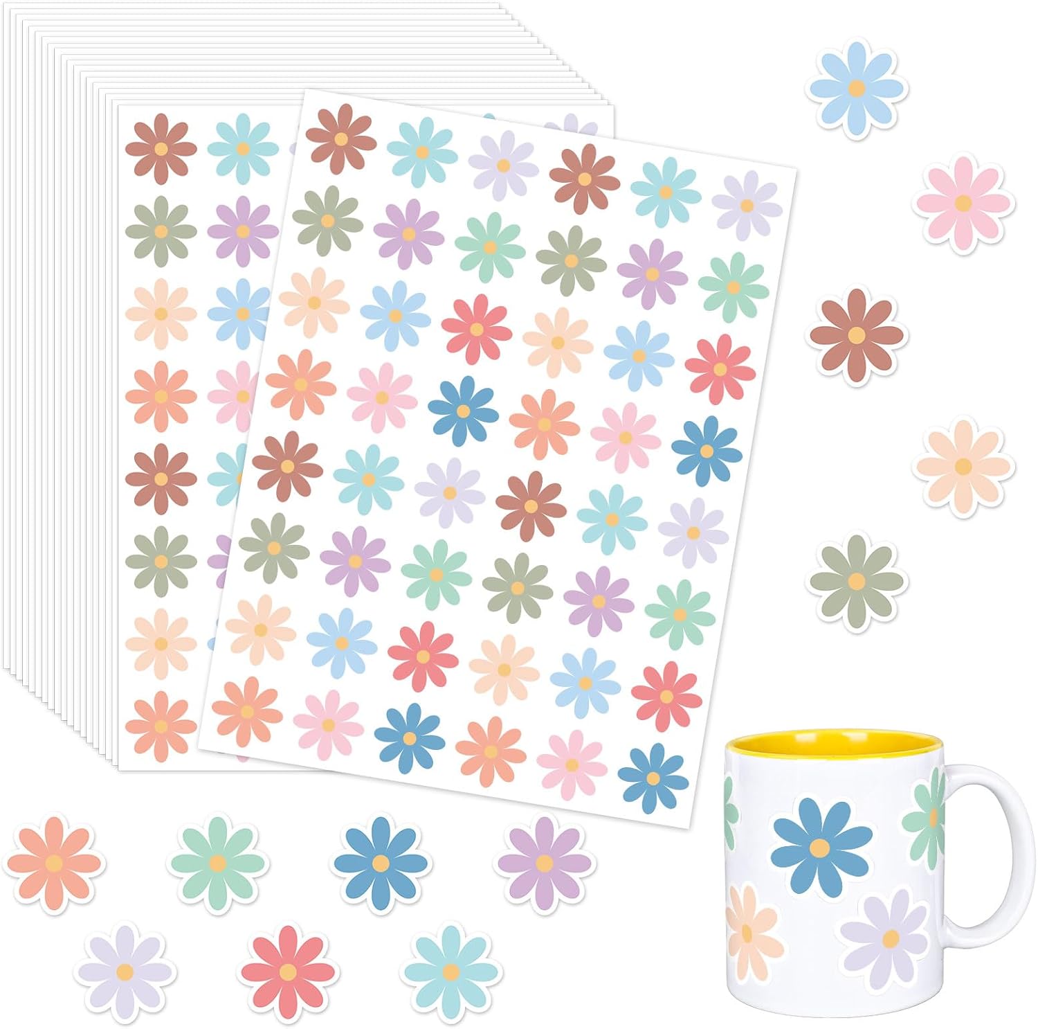 Whaline 1200 calcomanías bohemias de margaritas coloridas, 12 estilos, retro, groovy, hippie, margaritas, beige, naranja, marrón, flores,
