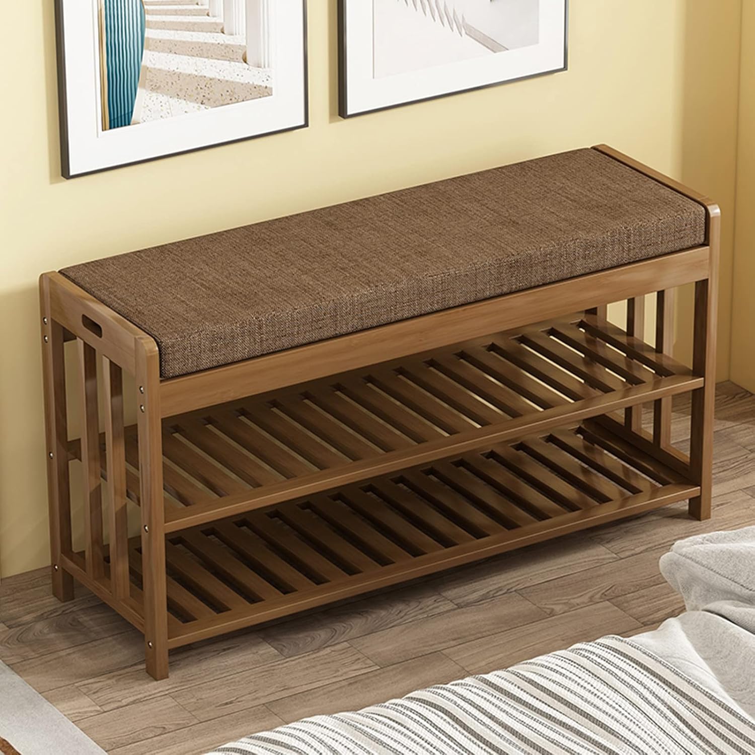 ZZenSmot Moderno bambú con cojín tapizado, zapatero para almacenamiento de zapatos, taburete para sala de estar, dormitorio, entrada, pasillo,