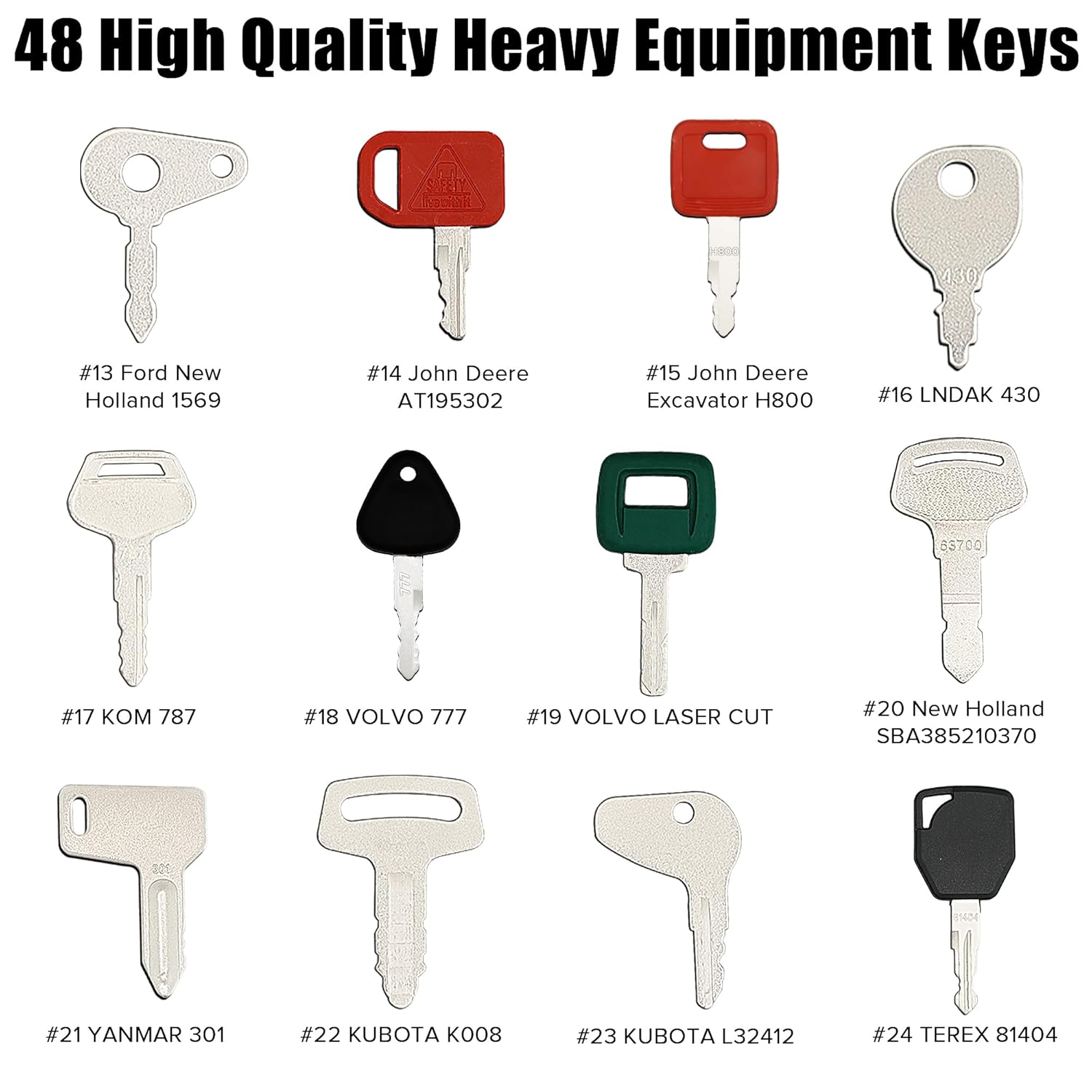 Juego de 48 llaves maestras de encendidollaves de equipo pesado para JD John Deere Hyster Komatsu Cat Key Kubota Yanmar Takeuchi Ford New Holland
