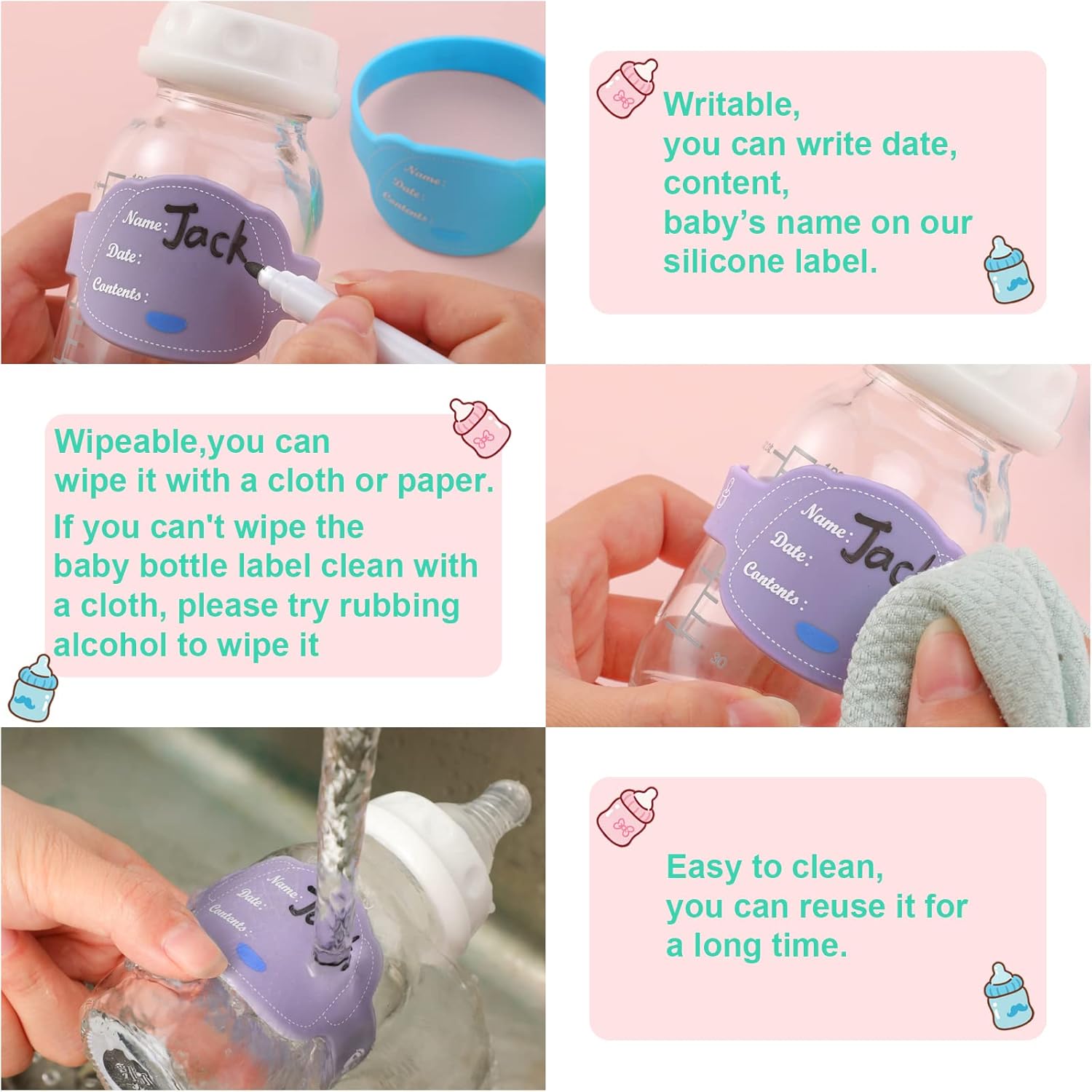 12 etiquetas para biberones para guardería, etiquetas de silicona para botellas de guardería, artículos esenciales para el cuidado del día,