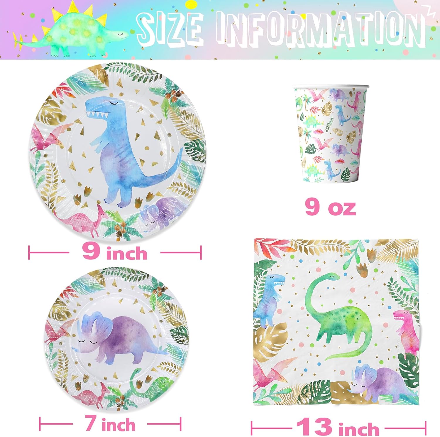 Juego de vajilla de fiesta de dinosaurio de acuarela para niña, suministros para fiesta de cumpleaños de dinosaurio rosa, incluye platos para tartas