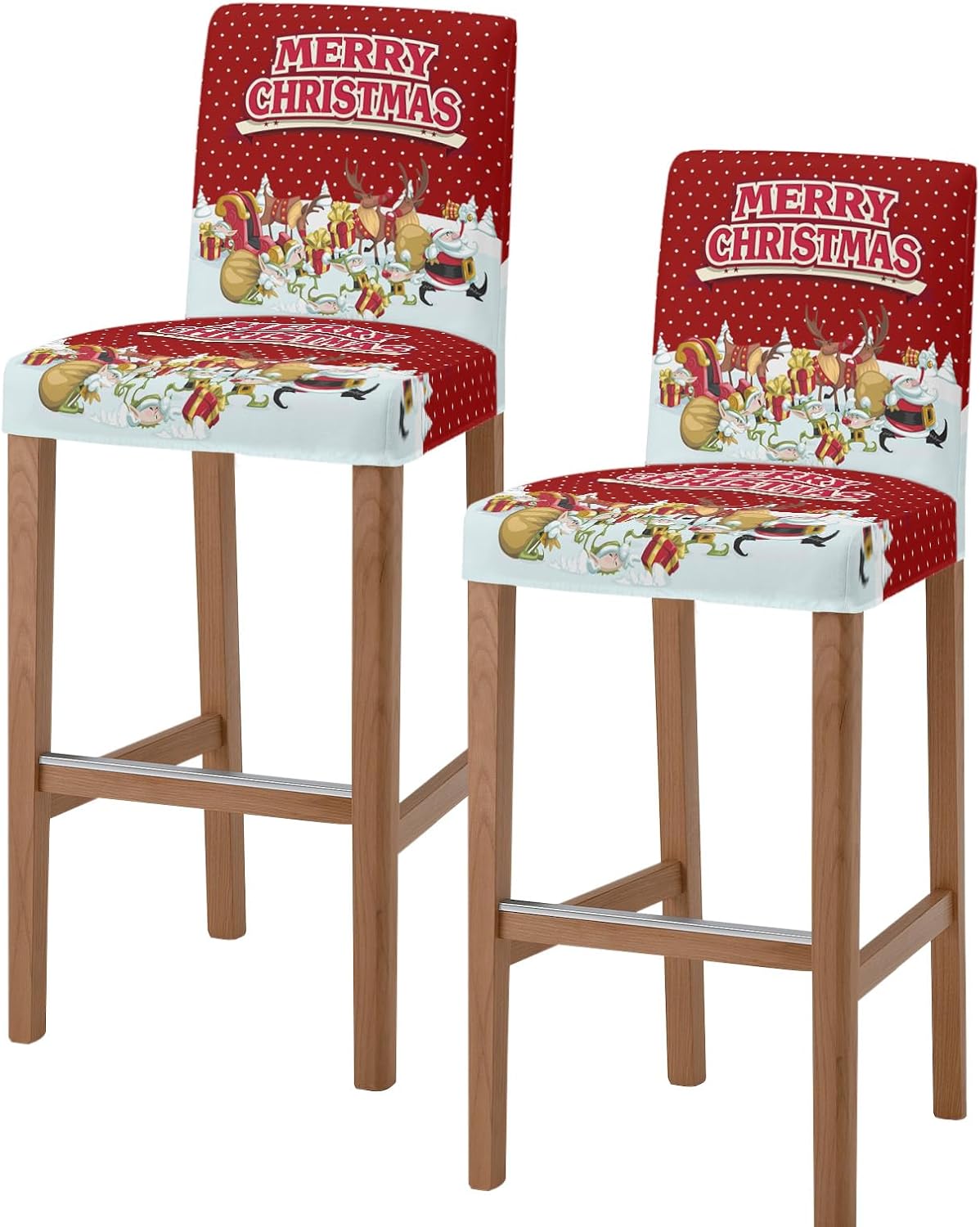 Juego de 2 fundas elásticas para taburete de bar de Papá Noel, regalo de Navidad, gnomos, ciervos, lunares blancos, rojos, funda para silla de bar,