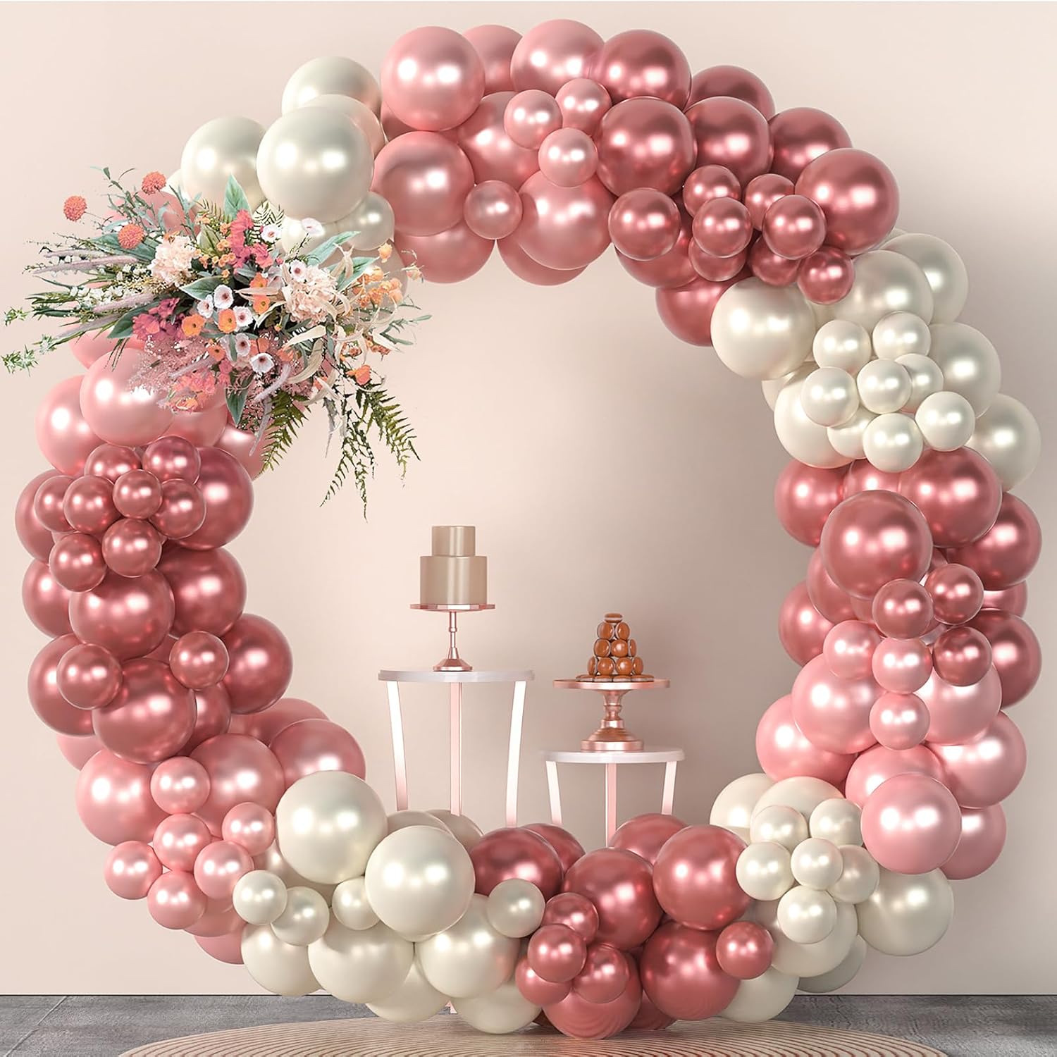 Guirnalda de globos de doble relleno blanco perla, color blanco arena, oro rosa, kit de arco de globos de diferentes tamaños para baby shower,