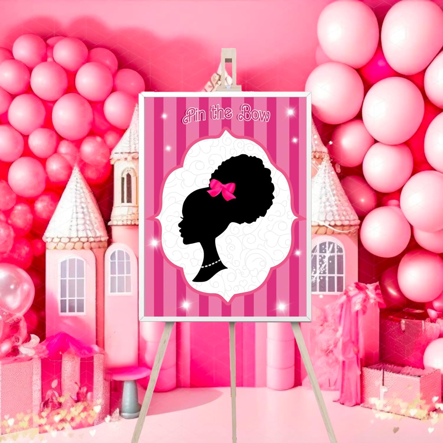 Decoraciones de fiesta rosas para niñas, decoraciones de cumpleaños de niñas negras, juegos de fiesta, pin el lazo en la cabeza de las niñas, juego