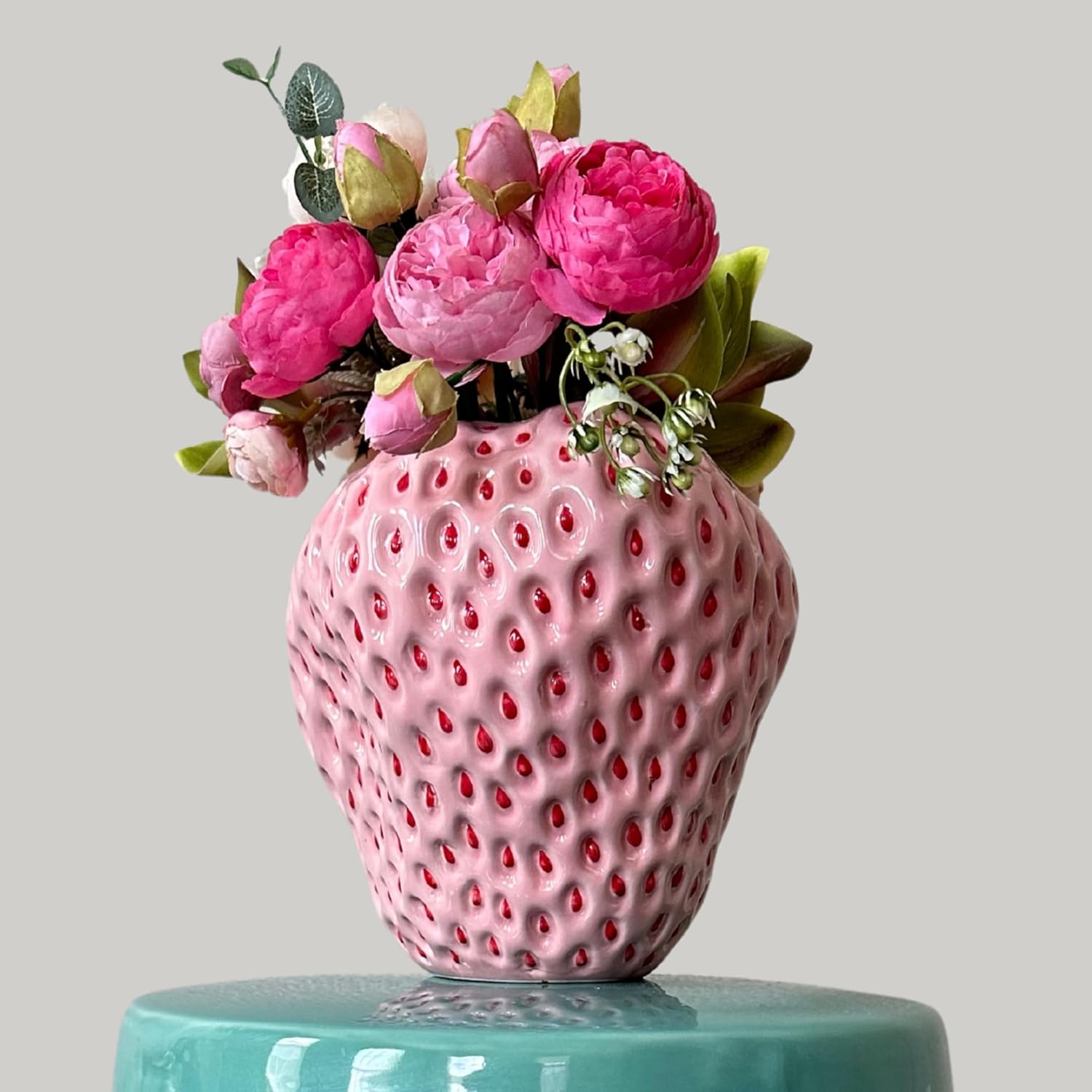 Jarrón de fresa rosa, jarrón único para decoración estética, decoraciones de fresa para cocina, estantería y centro de mesa auxiliar