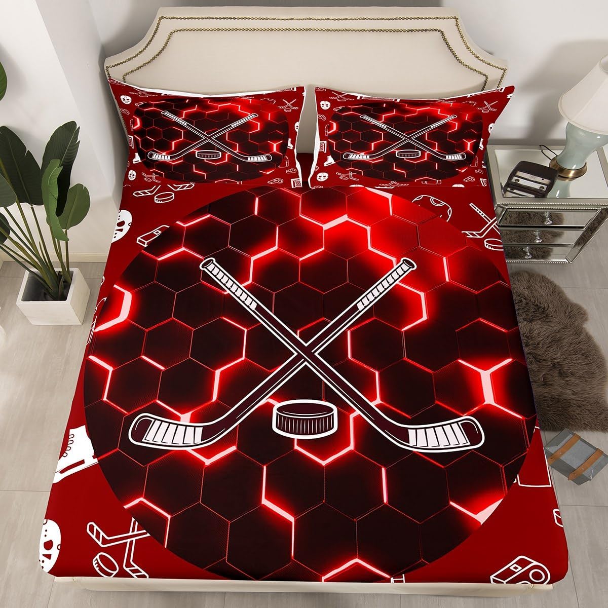 Erosebridal Sábanas de hockey sobre hielo, tamaño matrimonial, color rojo, negro y blanco, para deportes de invierno, sábana bajera ajustable para