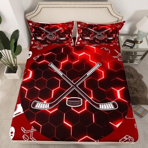 Erosebridal Sábanas de hockey sobre hielo, tamaño matrimonial, color rojo, negro y blanco, para deportes de invierno, sábana bajera ajustable para Erosebridal Sábanas de hockey sobre hielo, tamaño matrimonial, color rojo, negro y blanco, para deportes de invierno, sábana bajera ajustable para