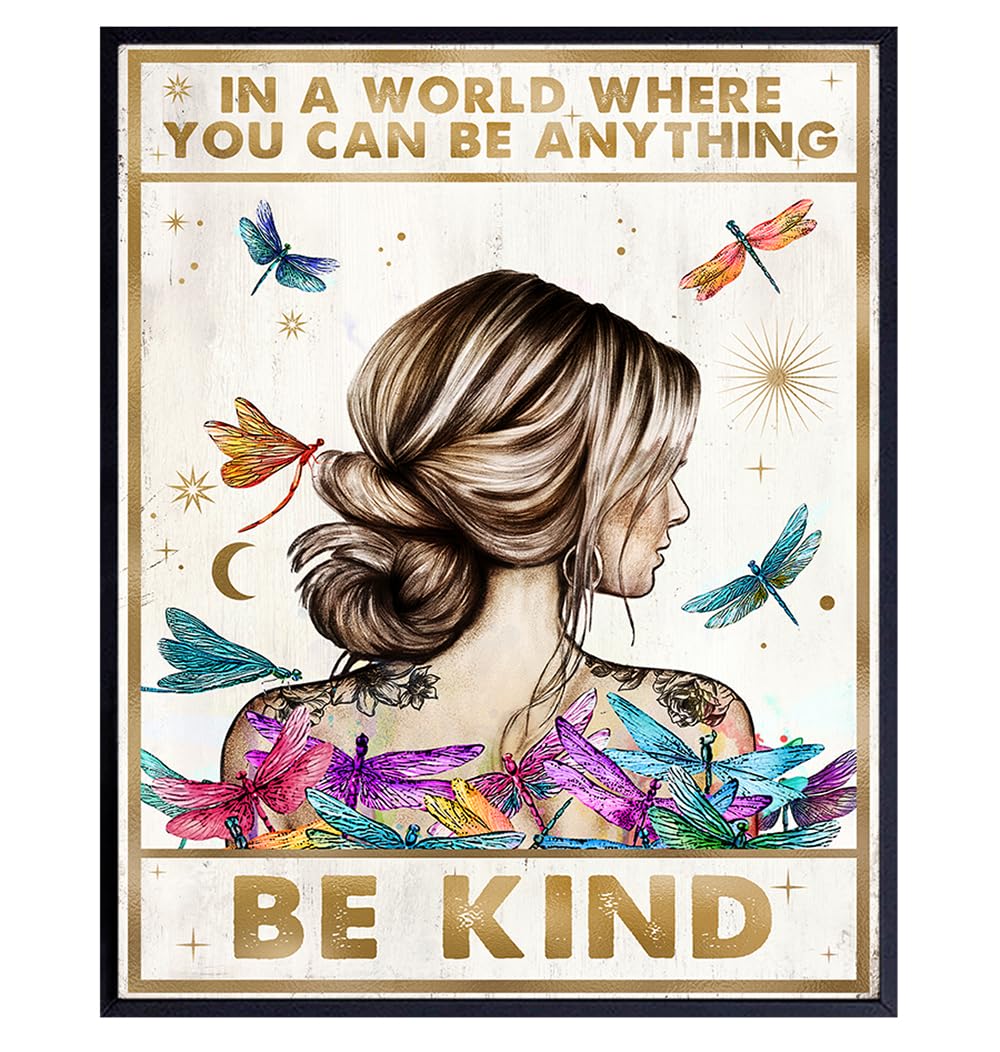 Be Kind Wall Decor for Women – positive Affirmations Dragonfly Inspirational Wall Art – Boho-chic Motivational poster for Woman, Girl – Women’s