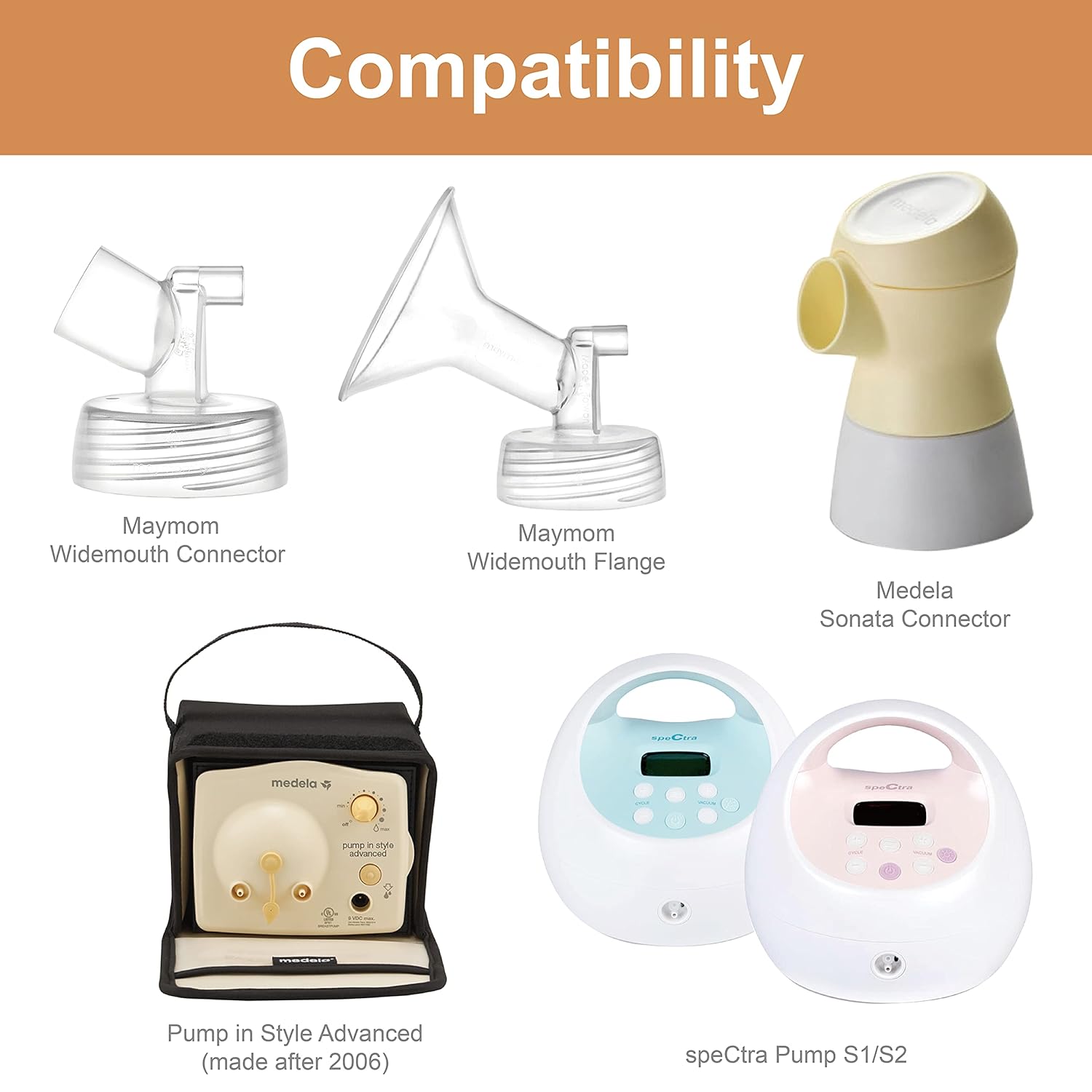 Adaptador de conector compatible con conector Medela Sonata para usar con Spectra S1, S2 Bomba compatible con brida de boca anchaconector y tubo de