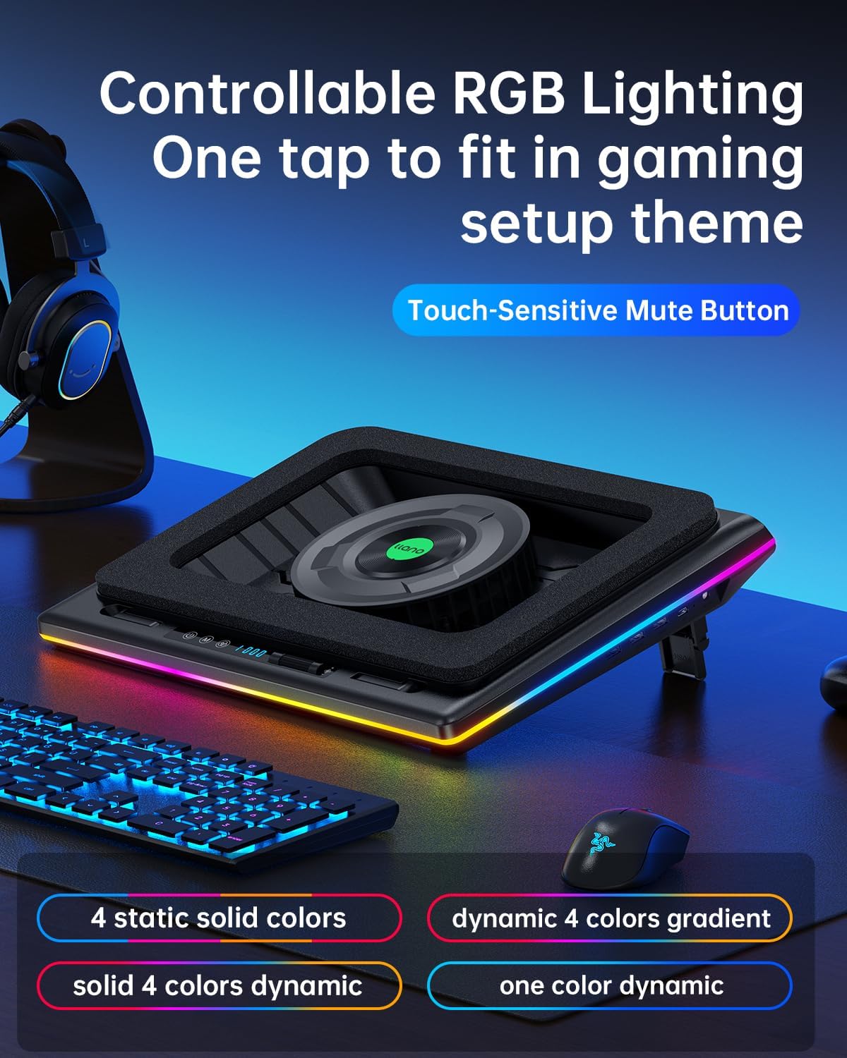 llano Almohadilla de refrigeración RGB para laptop con potente turbofán, radiador enfriador para laptop para juegos con velocidad infinitamente