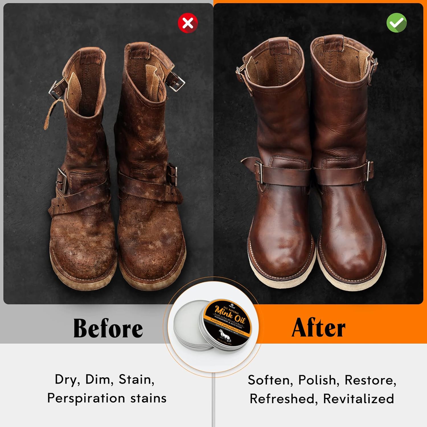 MEKER Aceite de visón para botas de cuero, acondicionador y limpiador de cuero, 3.52 onzas, totalmente natural, impermeable, suaviza y restaura