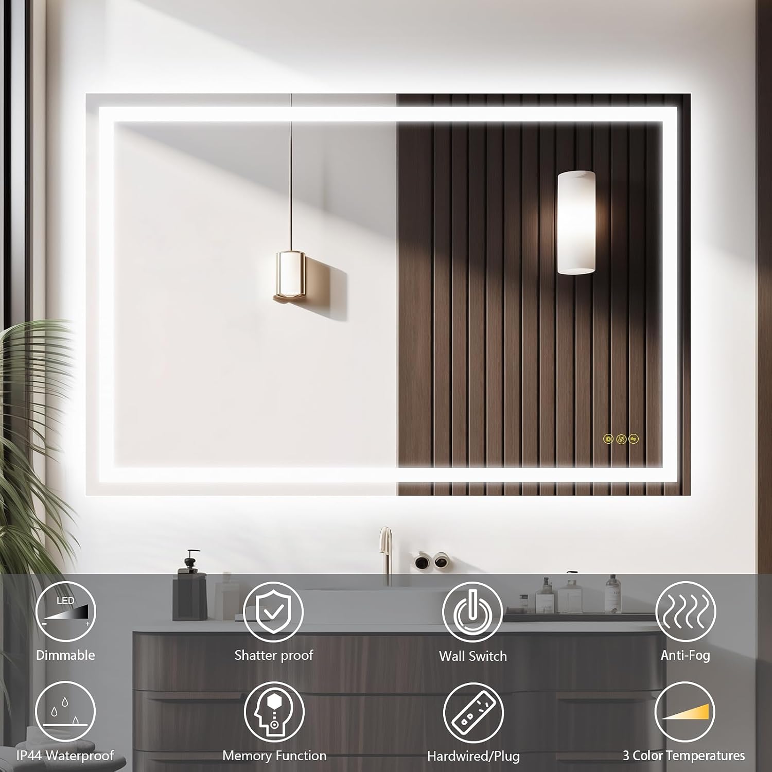 CITYMODA Espejo LED de 24 x 36 pulgadas para baño, antiniebla, 3 colores, regulable, iluminado para montar en la pared, espejo de baño con luces
