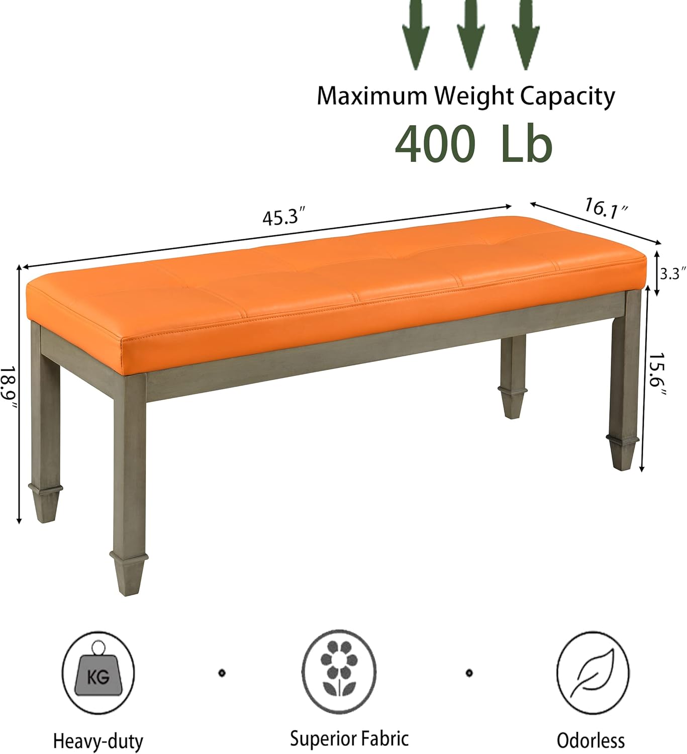 Banco vintage con asiento acolchado y patas de madera de álamo, banco de entrada tapizado de cuero copetudo de 45.3 pulgadas y banco de comedor,