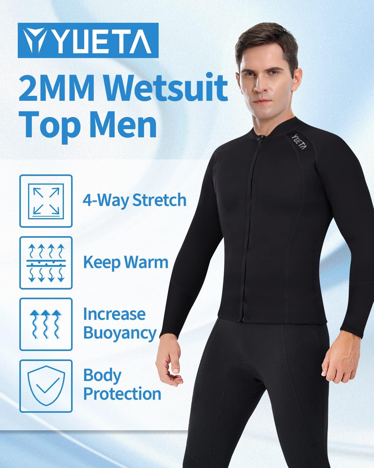 Wenlia Mens Wetsuits Top  2mm Neoprene Jacket  Ultra Stretchy & Warmth  Easy Entry Front Zip – YKK  Surfing Snorkeling – All Watersports