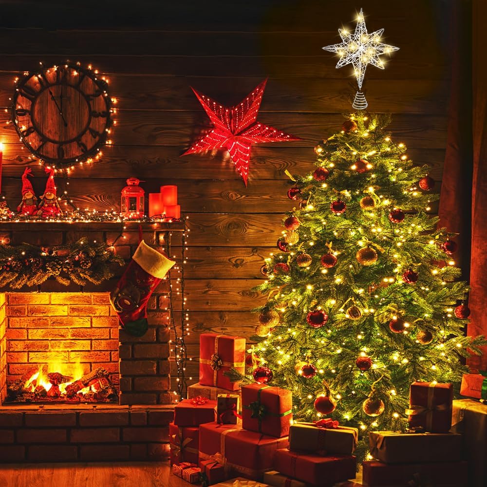 Decoración para árbol de Navidad de 13.5 pulgadas, estrella plateada con 20 luces LED para decoración de árbol de Navidad, adorno para Año Nuevo,