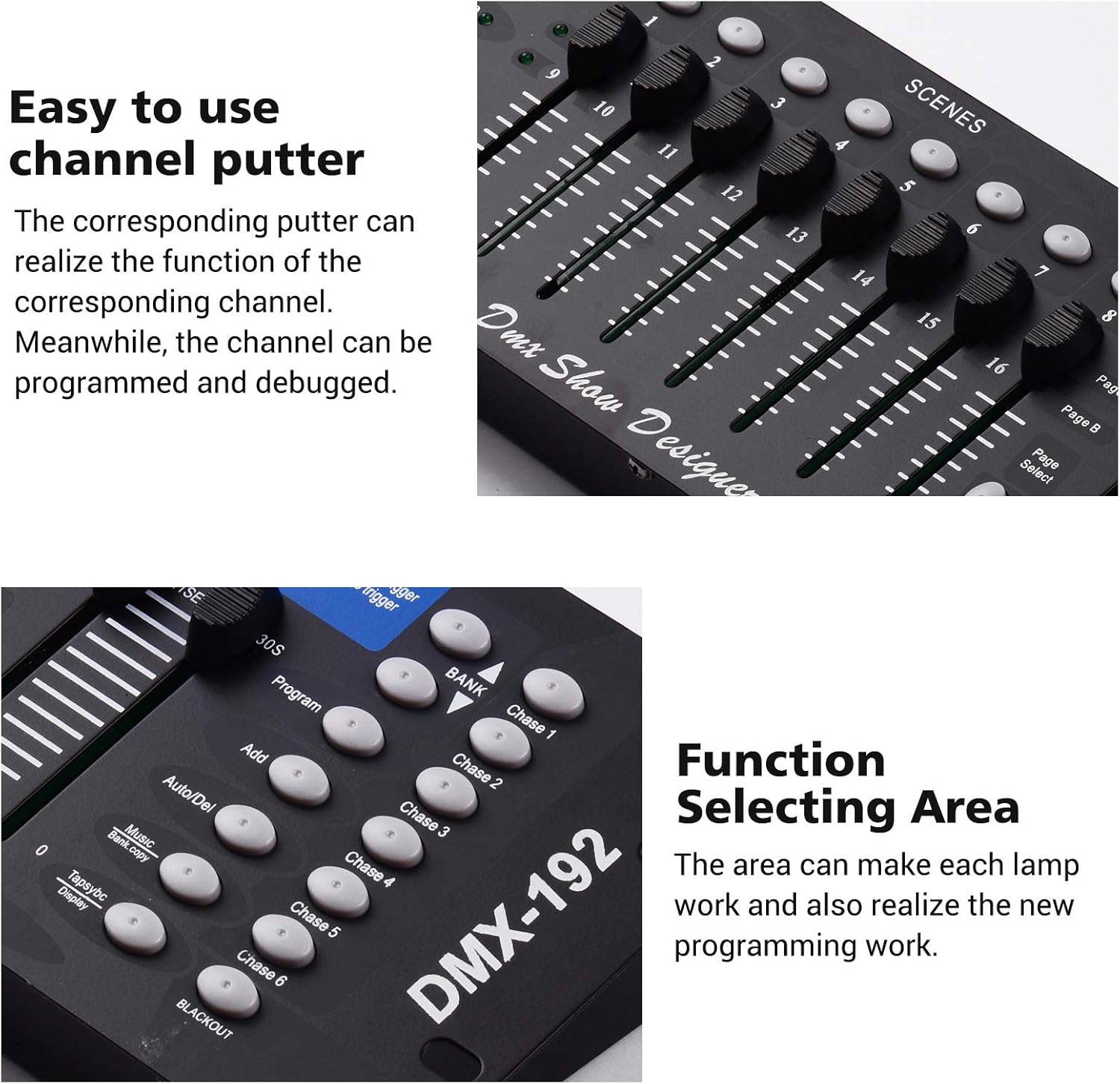 JINGFENG DMX512 Panel de consola controlador de luz 192CH Función de programación Activado por sonido con antena de pantalla LED para escenario DJ