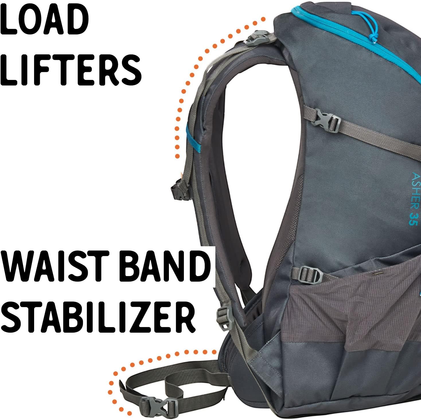 Kelty Asher Pack, capacidad de 35-85 litros, senderismo, mochilero, paquete de viaje, compatible con hidratación, modelo 2022, Musgo de