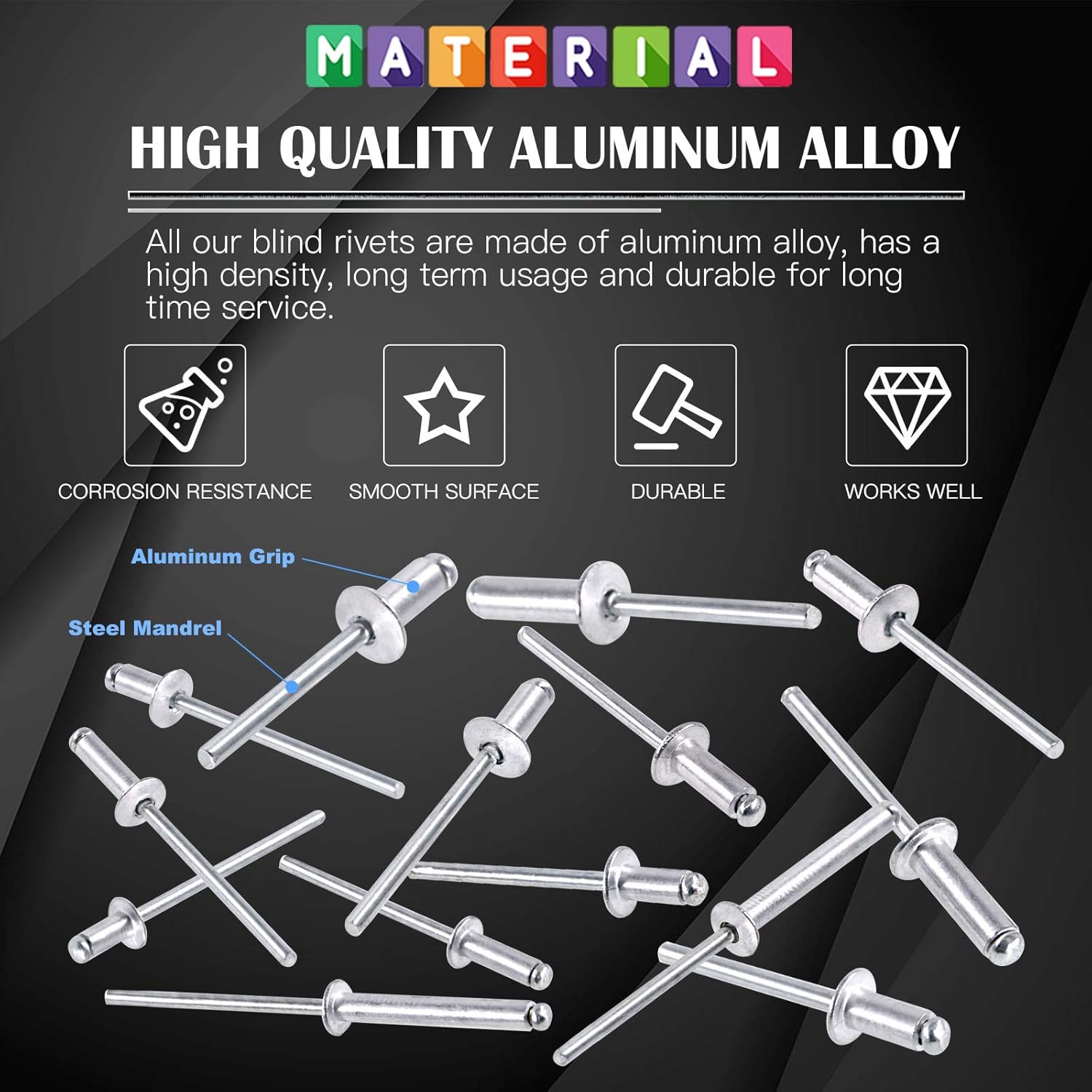 Glarks Juego surtido de remaches ciegos de cabeza de cúpula de mandril de acero con cuerpo de aluminio de 6 tamaños, 210 unidades