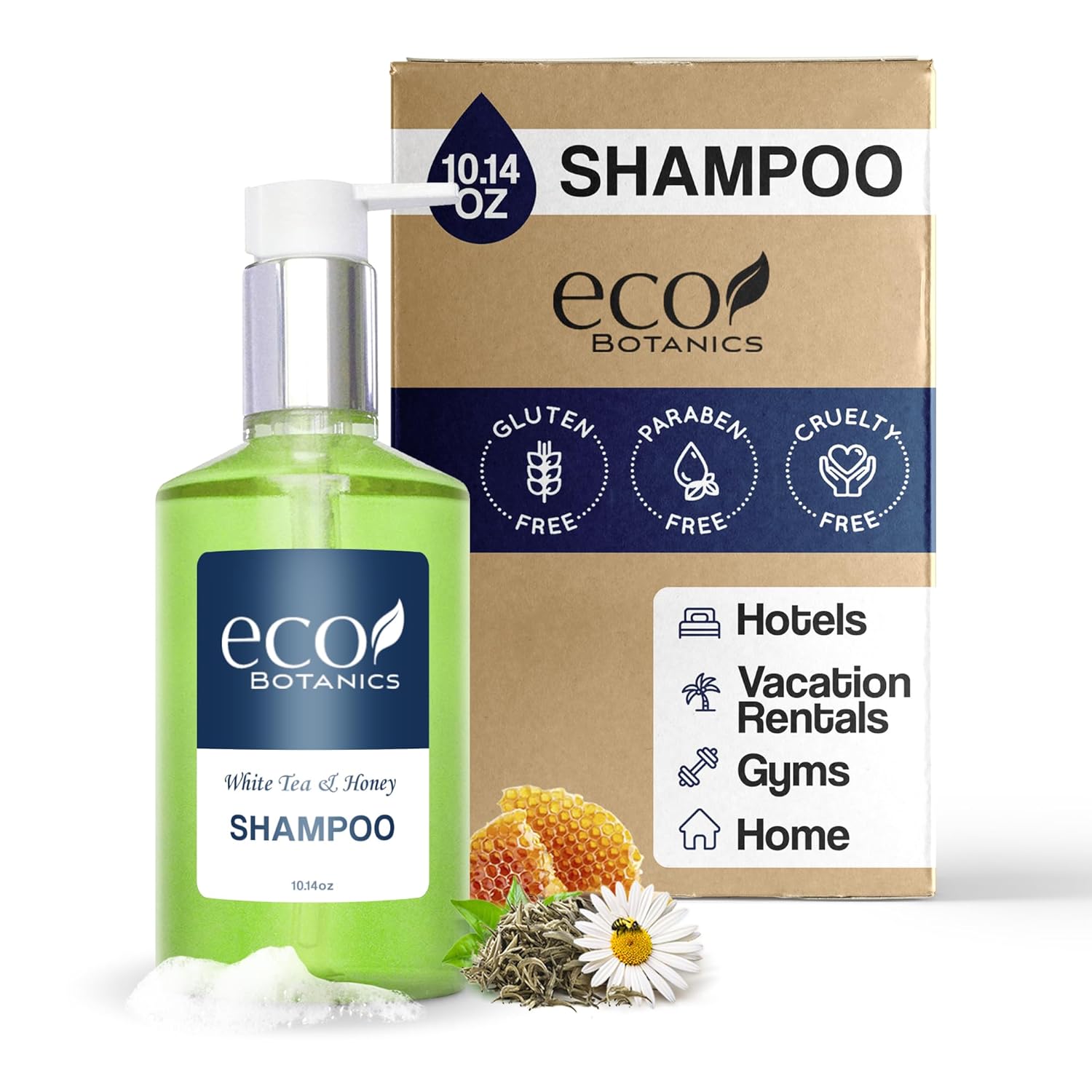 Terra Pure  Eco Botanics Champú, té blanco y miel Amenidades del hotel tamaño minorista, 10.14 oz (individual)