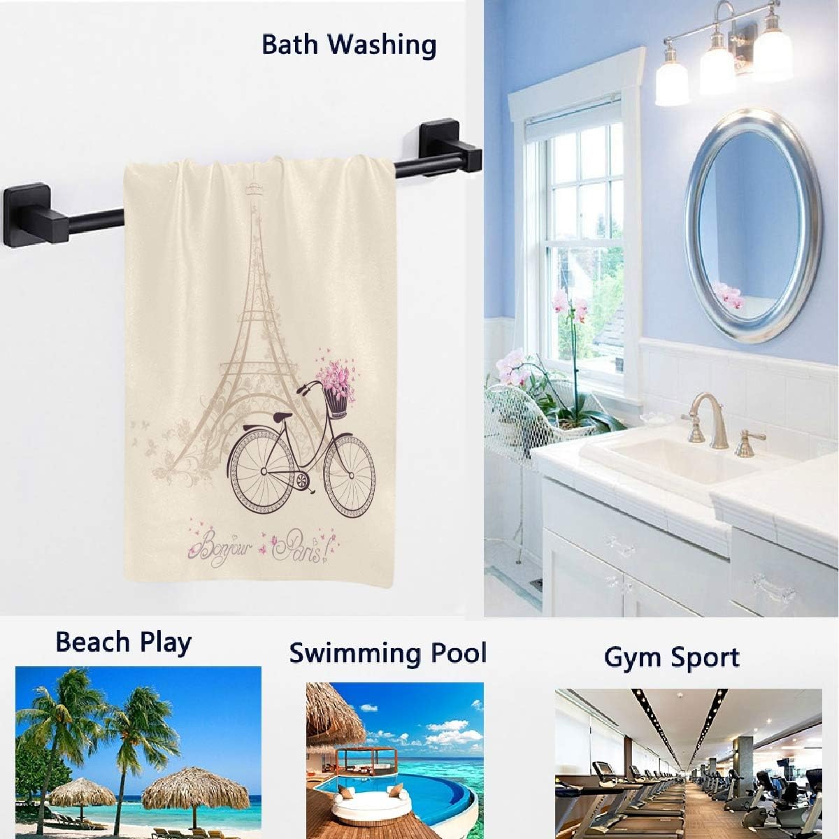 Naanle Bonjour Paris – Toallas de mano suaves y románticas para invitados, para bicicleta, torre Eiffel, mariposa, multiusos para baño, hotel,