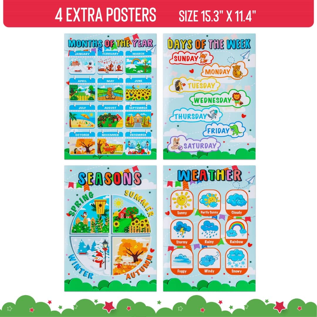 Calendario y tabla de bolsillo para el clima, incluye 4 carteles exclusivos y 142 tarjetas, calendario infantil para aula y educación en el hogar,