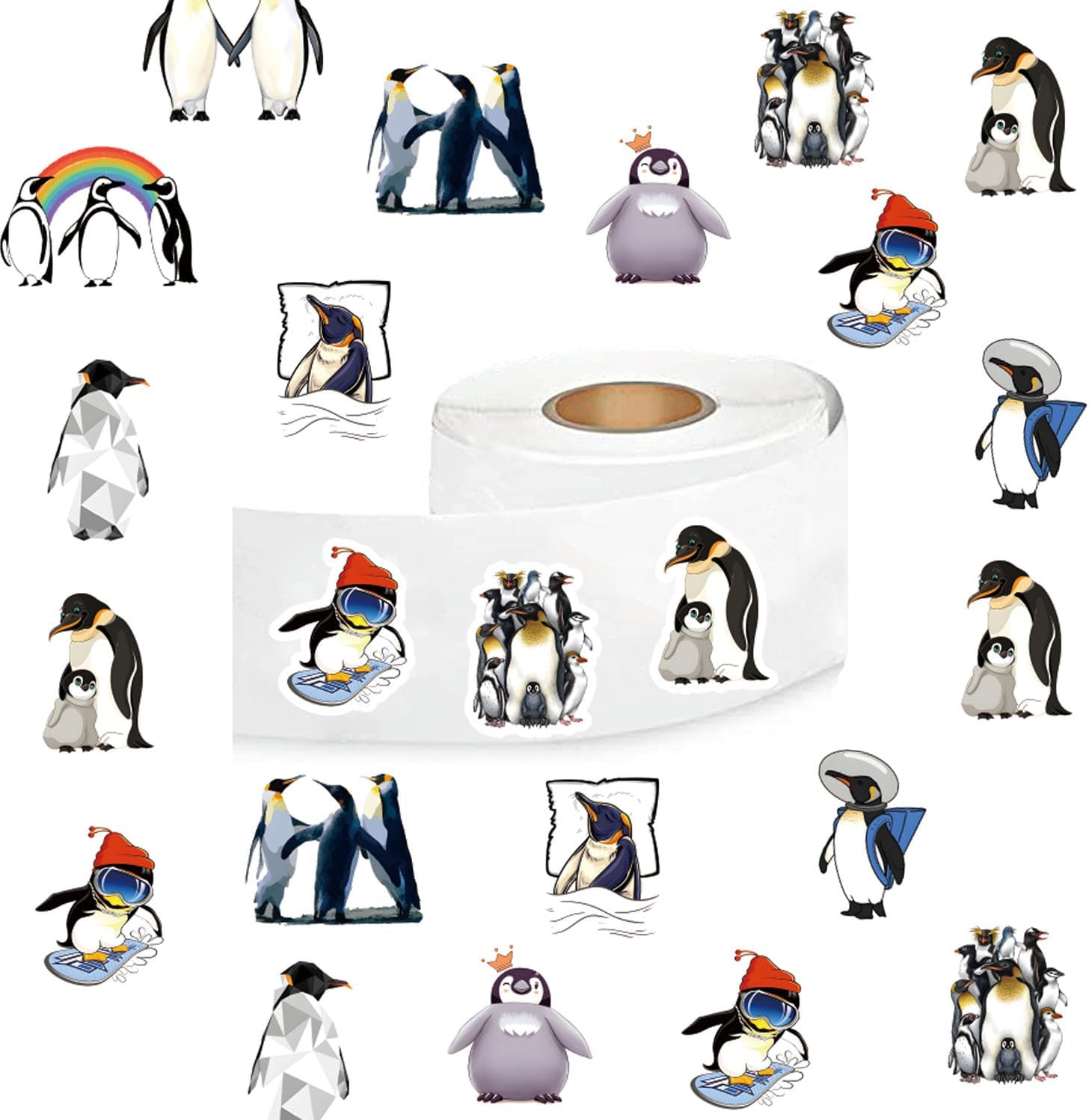 Calcomanías de pingüino (500 unidades), 10 hojas de calcomanías gráficas de estética de dibujos animados, rollo autoadhesivo para niños, niñas,