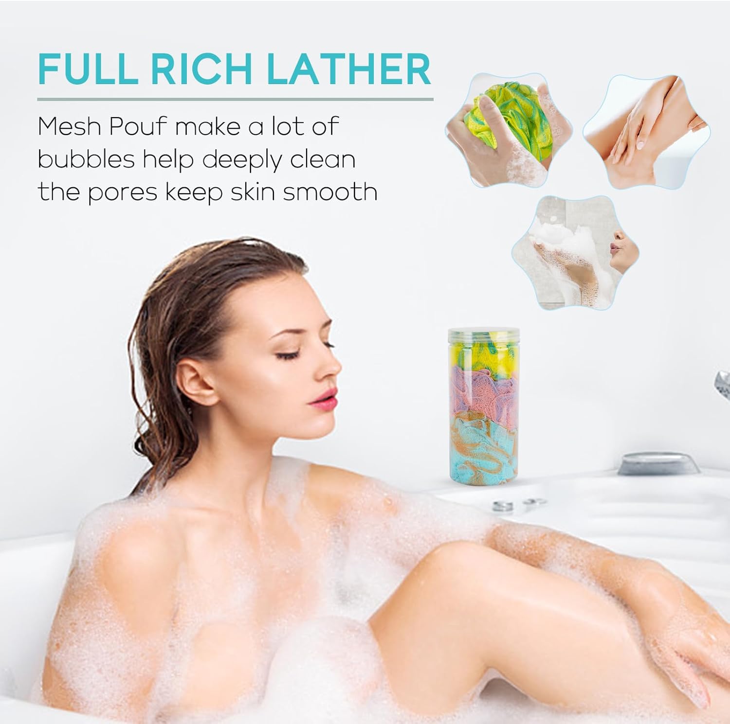 novosun Pelota de ducha opcional multicolor, esponja suave, exfoliante y eliminación de cuidado de la piel, esponja de baño Luffa, bolsa de malla de