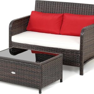 COSTWAY Juego de mesa de centro de mimbre de ratán para patio, 2 piezas, banco acolchado, cubierta de jardín COSTWAY Juego de mesa de centro de mimbre de ratán para patio, 2 piezas, banco acolchado, cubierta de jardín